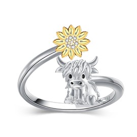 Flpruy Highland Cow Ring 925 Sterling Silver Highland Cow Jewelry Gift Adjustable Cute Cow Open Rings for Women, Sterling Silver, No Gemstone