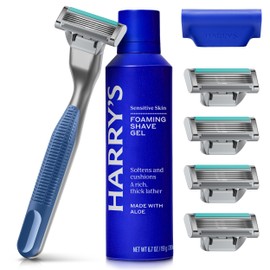 Harry's Plus Razors for Men - Starter Set (Tide) - 1 Handle with 5 Razor Refills, Foaming Shave Gel and Travel Blade Cover