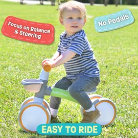 Baby Balance Bike for 1 Year Old Boys Girls 12-24 Month Toddler Balance Bike, Storage Basket, 4 Wheels and Adjustable Seat, Toddler First Bike, First Birthday Gifts