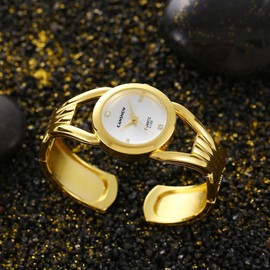 Weicam Women Simple Gold Round Dial Cuff Bangle Bracelet Analog Quartz Wristwatch
