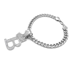 Icemond Rhinestone Studded Initial Pendant 18" Cuban Chain Fashion Costume Jewelry Necklace for Dogs Cats in Gold Rhodium Tone (Rhodium - B)
