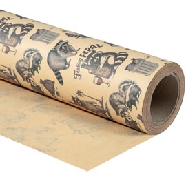Kraft Funny Feral Raccoon Wrapping Paper Roll, Mini Roll, Black Cute Trash Friends Raccoon & Opossum Cartoon Design, Vintage Kraft Gift Wrap for Friends, Birthday, Party, 17 Inches x 16.4 Feet