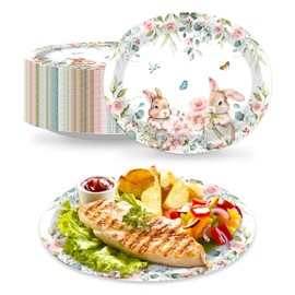 Vanulus 50 Count Spring Easter Bunny Oval Paper Platter 10" x 12" Paper Disposable Cute Rabbits Floral Plant Floral Tray Serving Dish for Easter Dinner Plate Party Supplies Décor