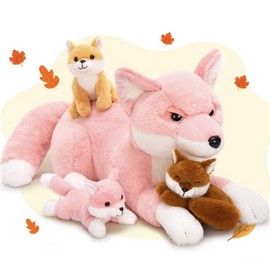 BENINY 4Pcs Fox Stuffed Animal Set, Large Mommy Pink Fox Plush 22 Inch with 3 Baby Foxes in Her Zippered Tummy, Stuffed Fox Plushie Toy for Girls and Kids