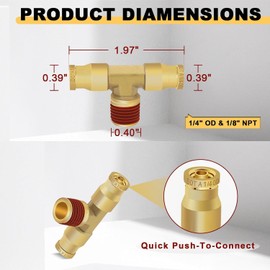 Siptenk 1/4" OD Tube x 1/8" NPT Thread Tee Union DOT Air Fittings 3PCS,1/4 Inch OD Brass Push to Connect Air Brake Line Fittings Brake Connector Kit for Truck Trailers Industry Air System