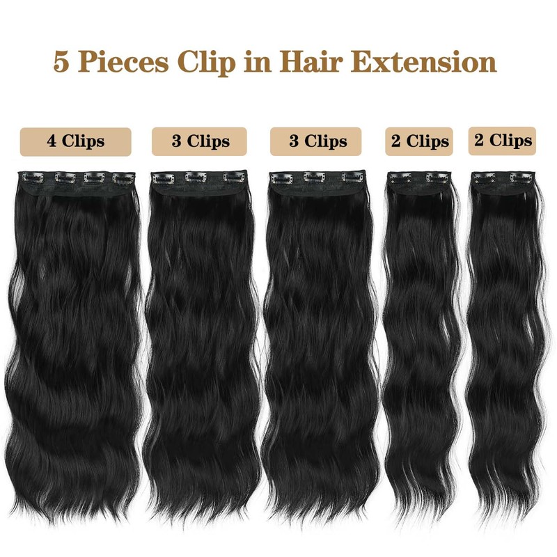 Black Clip in Wavy Hair Extension for Women Add Length(5Pcs