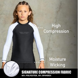 Elite Sports - Protector de erupción para niños y niñas, compresión de manga completa BJJ para niños y jóvenes, Blanco, X-Large