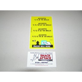 VM010 DOLLAR BILL CHANGER MACHINE LABEL STICKERS - Accepts $1, $5, $10 & $20
