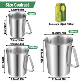 Afcabakila 3 Pcs Stainless Steel Measuring Cups Set Metal Pitcher with Handle and Pour Spout Marked Pitcher for Latte Art Kitchen Bar 16oz/32oz/64oz (2/4/8 Cup)