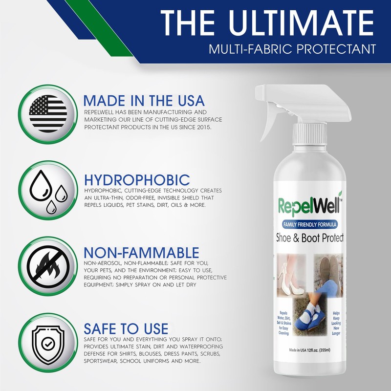 RepelWell Shoe & Boot Stain & Water Repellent (12oz) Eco-Friendly,