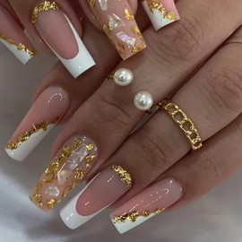 French Tip Press on Nails Long - Gold Foil Press on Nails, Square Shape Fake Nails, Shiny Glossy Nude Gel False Nails Reusable, Stick on Nails Tips Artificial Nails for Women and Girls 24 pcs
