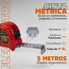 Flexometro 5 metros | Cinta Metrica de 1" - Herramientas Ergonómicas | Herramienta con Escala en Centímetros, Pulgadas y Fracciones | Rojo con Cinta Blanca | WALKON