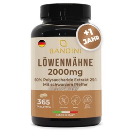 Bandini® Lions Mane Mushroom - Löwenmähne Pilz (25:1-Extrakt) - 365 Tabletten - Hericium Erinaceus 2000mg Tagesdosis - 1 Jahr Vorrat, Nur 1 Tab./Tag - Mit schwarzem Pfeffer - 50% Polyphenole - Vegan