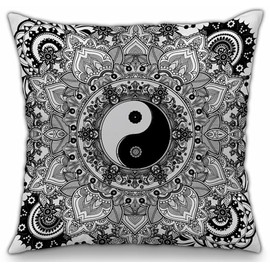 Black and White Indian Cushion Covers Mandala Covers Tapestry Boho style bohemian Elephants, Geomteric, Yin Yang, Mosiac, Floral Round Pillow Cases 16”x 16" inch (40 x 40 cms) Square (FLOWER YINYANG)