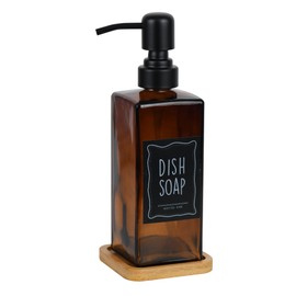 Modern soap Dispenser Set with Bamboo Base. Glass soap Dispenser with Stainless Steel Pump, Perfect for Kitchen Decor and Accessories. (1pack, Amber)