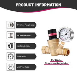 GOATACURA RV Water Pressure Regulator, Lead-Free Brass Adjustable Water Pressure Reducer Valve, with Gauge and Inlet Screen Filter, for RV Camper Travel Trailer