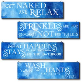 Blue Bathroom Decor Set of 4 - Navy Blue Bathroom Accessories Wall Decor -Nautical Ocean Style Decoration - Funny Wooden Wall Art