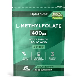 L Methlyfolate 400ug | 90 Vegan Capsules (3 Months Supply) | Active Form of Folic Acid | 5-MTHF | No Artificial Preservatives | by Opti-Folate