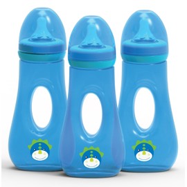 Avima Easy Grip Anti Colic Baby Bottles, BPA Free, 8 oz. Wide Neck with Medium Flow Silicone Nipples, Blue (Pack of 3)