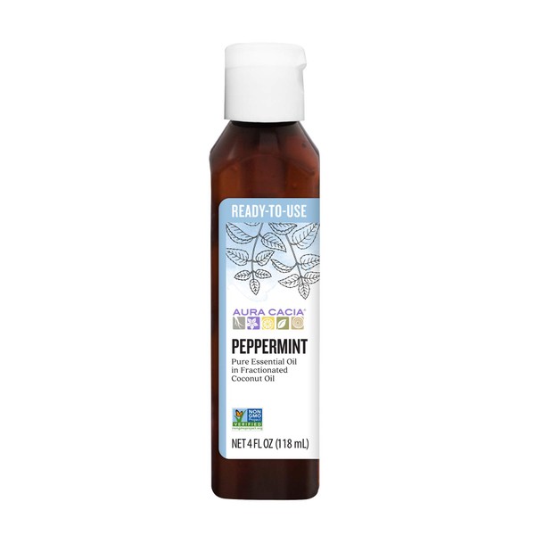 Aura Cacia Ready-to-Use Peppermint Essential Oil in Fractionated Coconut Oil | GC/MS Tested for Purity | 4 fl. oz.