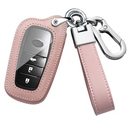 ontto Leather Car Key fob Cover fit for Toyota RAV4 Corolla Cross Yaris GR Cross Hybrid CHR Prius Hilux Key case Holder Shell Key Chain Keyring Protector Accessories car Styling Pink A