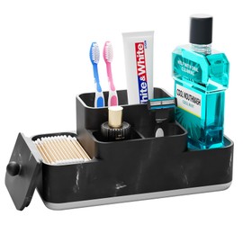 VITVITI Bathroom Counter Organizer, Toothbrush Holder for Bathroom, Resin Bathroom Organizer Countertop Storage for Cotton Ball/Vanity/Toothpaste, Black Marble Look