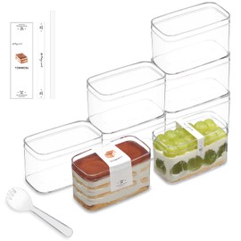 FZJ 50 Pack 14OZ Rectangle Clear Plastic Cups with Lids and Sporks&Stickers Disposable Fruit Cups for Dessert,Tiramisu container with lid,Cupcake,Parfait,Pudding,Iced Cold Drinks,Fruits,Bakeries