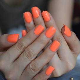 EchiQ Neon Fake Nails Short for Daily Wear Square Natural Shape Glossy Gel Nails Orange Pink Simple Tips with Adhesive