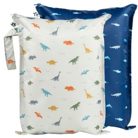 Tiny Twinkle Mess-proof Waterproof Wet Dry Bag | 2 Pack Reusable for Swimsuits, Gym & Baby Clothes | Leakproof Wet Clothes Bag, Beach Travel Essentials (Dinosaur, Ocean Life)