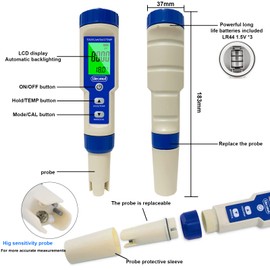 Ueomul pH Meter 5 in 1, pH TDS EC Salt Content Temperature Tester, Multi-Parameter Pool pH Salt Tester, Digital 0.01 High Precision Water pH Meter with Automatic Temperature Compensation