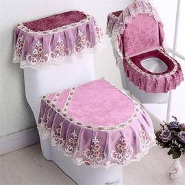 [Dajilong] Italian velvet lace zipper toilet mat set, purple floral paper 3 piece set, 1 set / [다있지롱] 이태리 벨벳 레이스 지퍼 변기 매트 세트, 퍼플 플로럴 페이퍼 3개 세트, 1세트