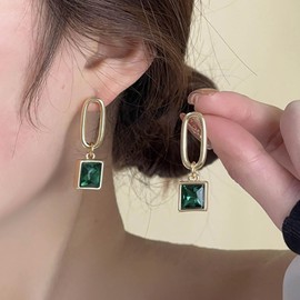 Inateannal Vintage Smaragd Baumeln Ohrringe Gold Quadratischen Tropfen Ohrringe Grün Smaragd Kristall Ohrringe Smaragd Hochzeit Ohrringe Geometrie Hohlen Quadratischen Ohrringe