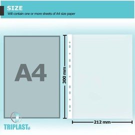 Triplast 25 x A4 Punched Pockets - Transparent & Top Opening for Easy Access - Poly File Pockets & Clear Plastic Sleeves for Organising Letters & Documents in Lever Arch Files, Ring Binders, etc