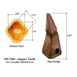 Quality Aftermarket 1 Backhoe Bucket Tooth 195-7205 - Impact Tip, w/ Pin, fits CAT DRS200 Adapters