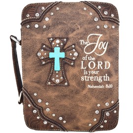 Embroidered Verse Scripture Western Bible Cover Book Carrying Case for Women Extra Strap Crossbody Purse (Brown)