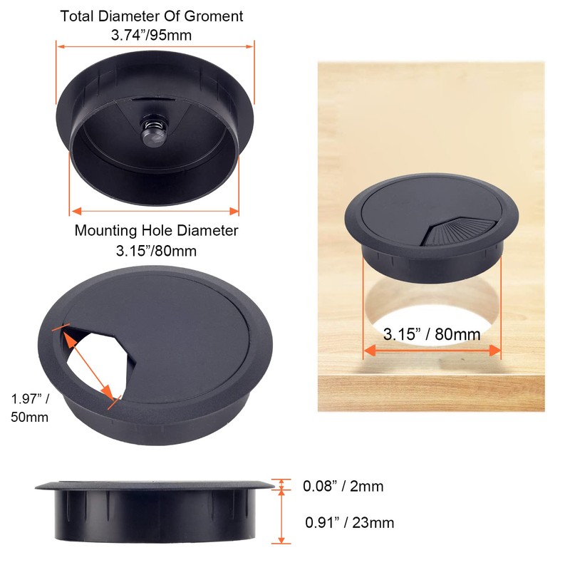8 Pack 80mm Plastic Desk Cable Grommets, Black Wire Organizer