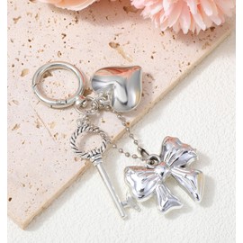 ValueBargain Silver Keychains for Women Heart Bow Flower Design Keychain Charms with Bowknot Pendant, Kawaii Cute Phone/Bag Charms for Handbags Purse Key Ring Accessories