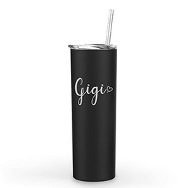 20 oz Skinny Tall Tumbler Stainless Steel Vacuum Insulated Travel Mug Cup With Straw Gigi With Heart (Black)