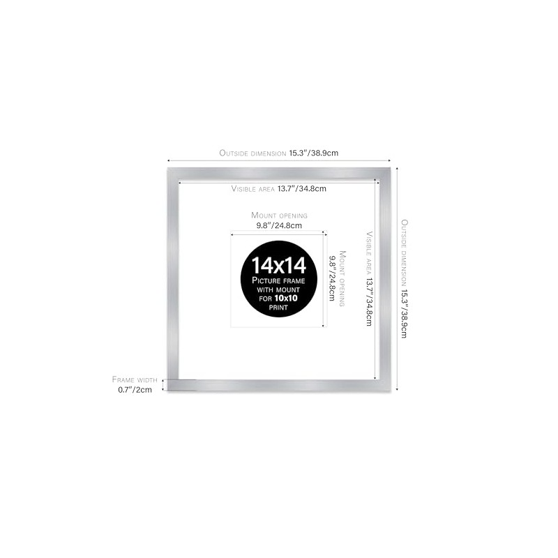 14x14" Square Picture Frame, Display Pictures 10x10" With Mat or