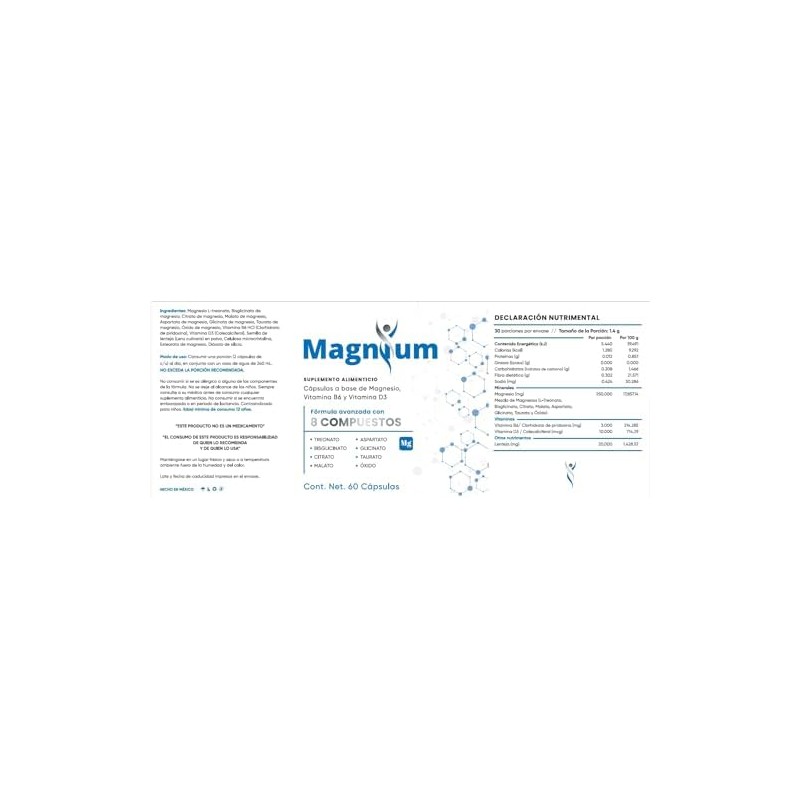 60 Capsulas, 8 Compuestos de Magnesio Premium, (Treonato, Aspartato, Bisglicinato,