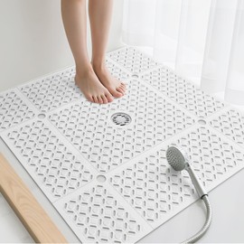 Yolife Square Shower Mat, 27" x 27" Large Shower Mat with Center Drain Hole, Soft TPE Non Slip Shower Mats for Inside Shower with Suction Cups, Anti Slip Washable Shower Floor Mat, White