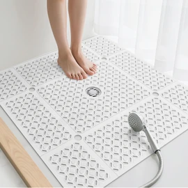 Yolife Square Shower Mat, 27" x 27" Large Shower Mat with Center Drain Hole, Soft TPE Non Slip Shower Mats for Inside Shower with Suction Cups, Anti Slip Washable Shower Floor Mat, White