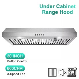 SNDOAS 30 inch Kitchen Under Cabinet Range Hood Stainless Steel 600CFM Vent w/LEDs