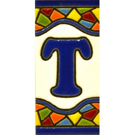 ART ESCUDELLERS Handpainted Ceramic House Letter Tile 'T', 2.87" x 1.38", Mediterranean Mosaic Style, Perfect for Signs, Addresses, Names