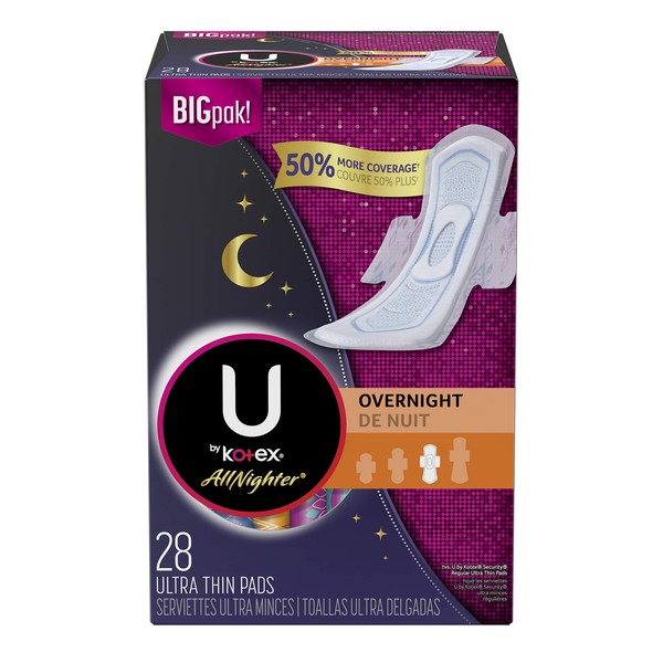U by Kotex AllNighter Ultra Thin Overnight Feminine Pads with Wings, Unscented, 28 Count (Pack of 3)