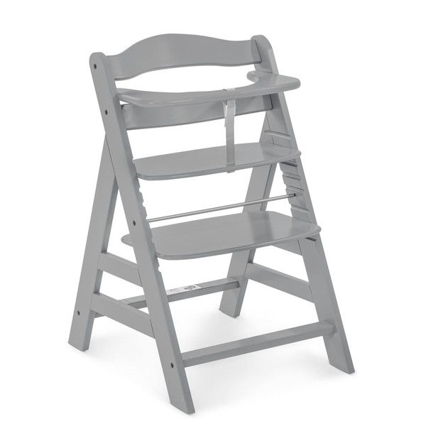 Hauck Alpha+ Grow Along Adjustable Wooden High Chair Seat w/ 5 Point Harness & Bumper Bar for Baby & Toddler Up to 198 lbs, Beechwood, Grey Finish