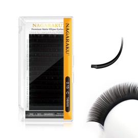 NAGARAKU Ellipse Flat Eyelash Extension Professional Double Split Tip Single False Eyelashes Accessories Matte Black U-Shaped Design Eyelash Extension 16 Rows (0.15 mm C Curl 14 mm)