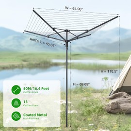 Outdoor Umbrella Clothes Drying Rack,Rotary Clothesline Adjustable Height Drying Rack Clothing 4 Arms 12 Lines with 165 Feet Drying Space,Steel Frame Laundry Drying Rack with Ground Spike for Backyard