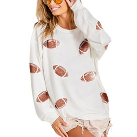 Joiemont Womens Football Sequin Embroidery Loose Fit Sweatshirt Casual Crewneck Pullover Long Sleeve Gameday Tops(0486-White-XL)