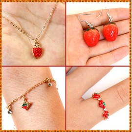 Voiiake Strawberry Costume Jewelry Set for Women - Cute Strawberry Accessories - Necklace, Earrings, Ring & Chain Bracelet for Halloween Party, Cosplay, Halloween Costumes